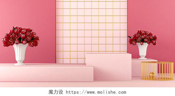 背景红色粉色三维3D花展台电商展示3D花(C4D)